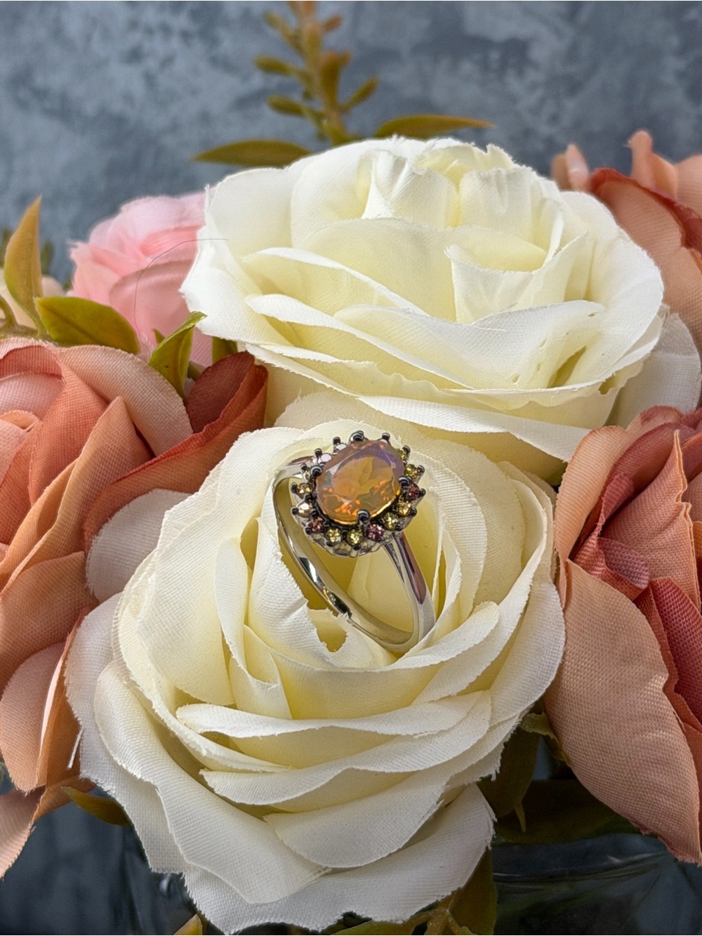 Enchanting Fire Opal Diamond Cut Sapphire halo 925 Sterling Silver Ring Sz 7 - Picture 10 of 13